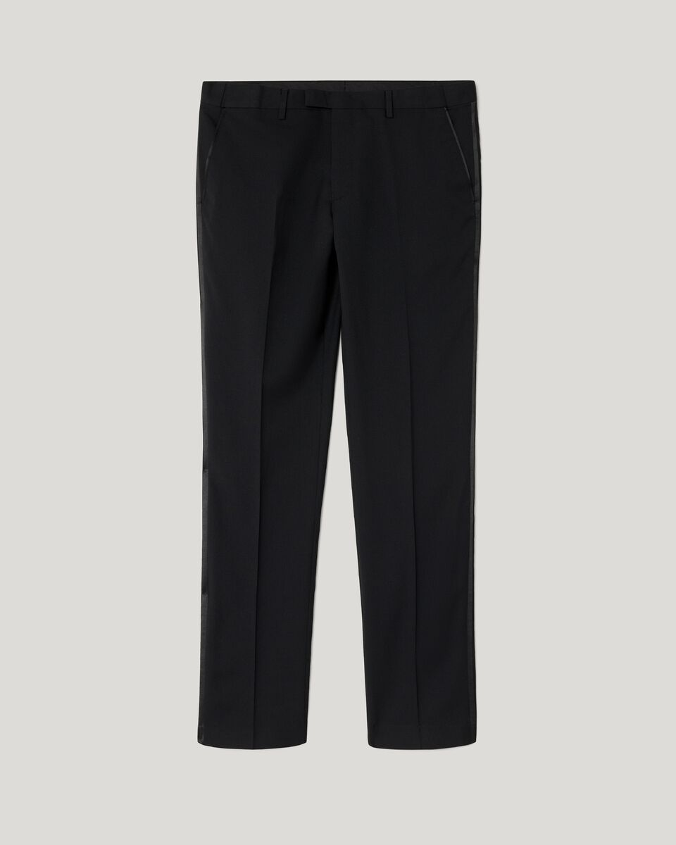 Slim fit premium wool silk tuxedo pant with satin side stripe, Black, hi-res
